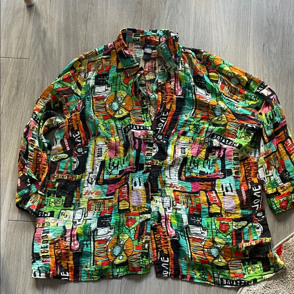 Ali Miles Fun and Vibrant button down festive blouse with positive graphics